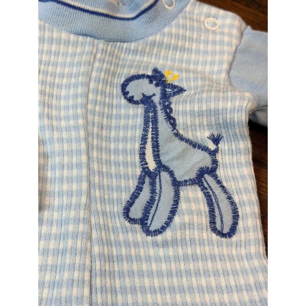 Vintage baby boy blue gingham 70s 80s one piece outfit with giraffe.  SZ 6 month